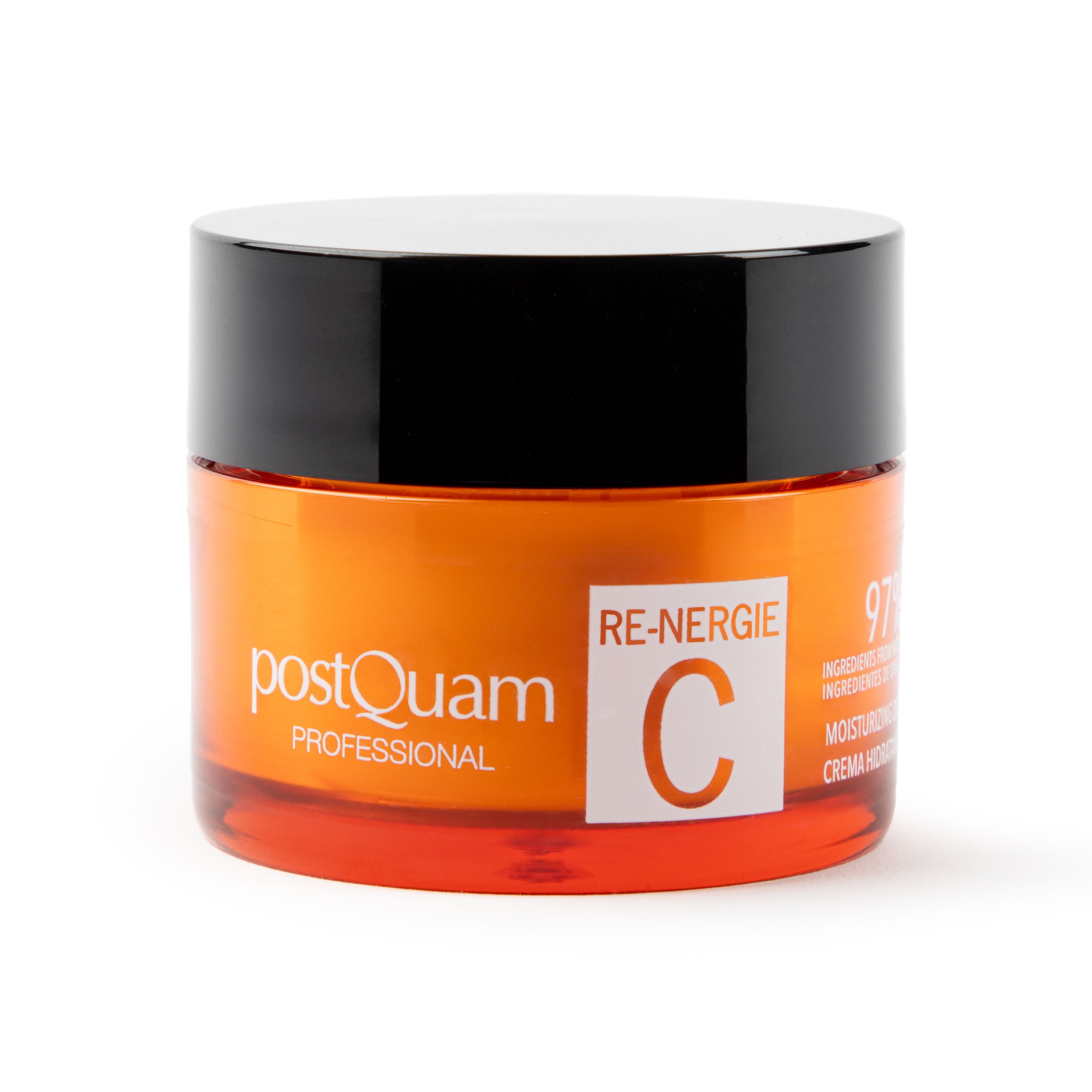 Vaso di crema con coperchio nero. Vetro arancione con etichetta bianca. Testo: Re-Nergie C, 97% ingredienti. Marchio: PostQuam Professional.