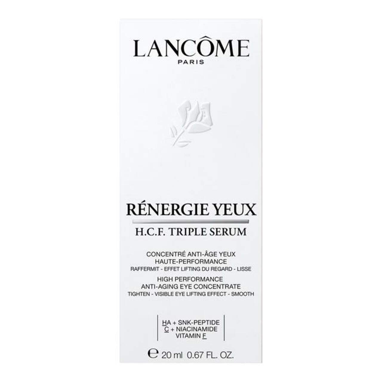 Confezione bianca con nome del prodotto e ingredienti. Scritta: Lancôme, Rénergie Yeux H.C.F. Triple Serum.