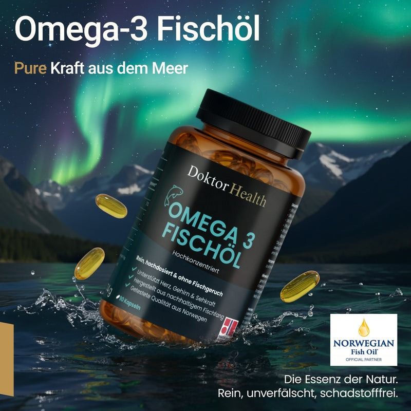 Flacone marrone di Omega-3 Fischöl. Tappo nero, capsule gialle. Sfondo: acqua, montagne, aurora boreale. Testo: Doktor Health, Omega 3 Fischöl.
