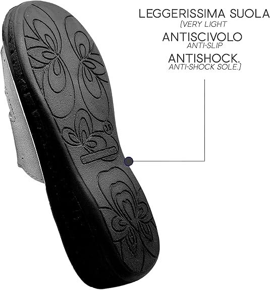 Suola nera con motivo floreale. Testo: "LEGGERISSIMA SUOLA", "ANTISCIVOLO", "ANTISHOCK".