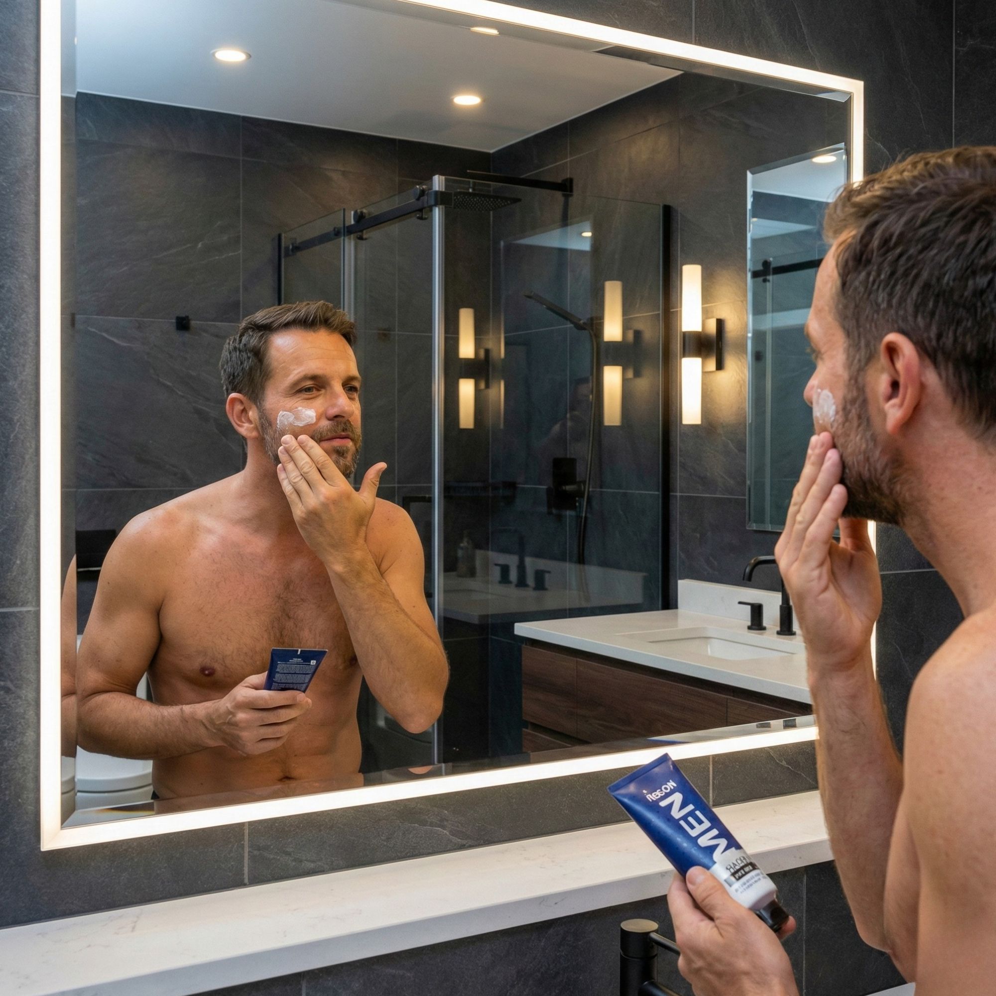 Uomo in bagno davanti allo specchio. Applica crema. Tiene tubo blu con scritta: Melem Men.