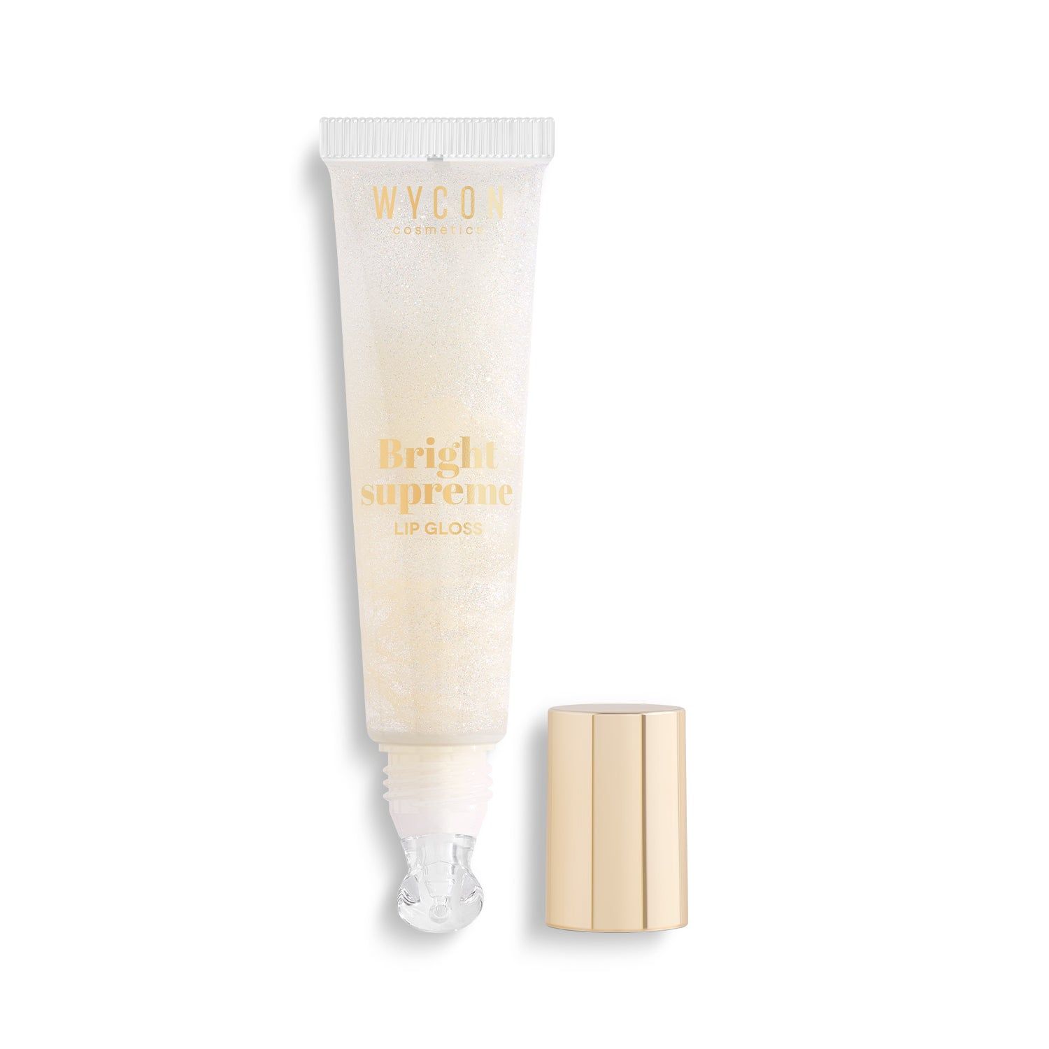 Lucidalabbra WYCON Cosmetics. Tubetto e tappo dorato separati. Scritta: Bright Supreme Lip Gloss.