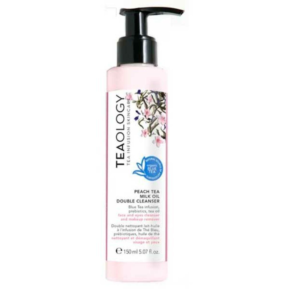 Flacone rosa con erogatore nero. Scritte: Teaology, Peach Tea Milk Oil Double Cleanser. Design floreale e logo.