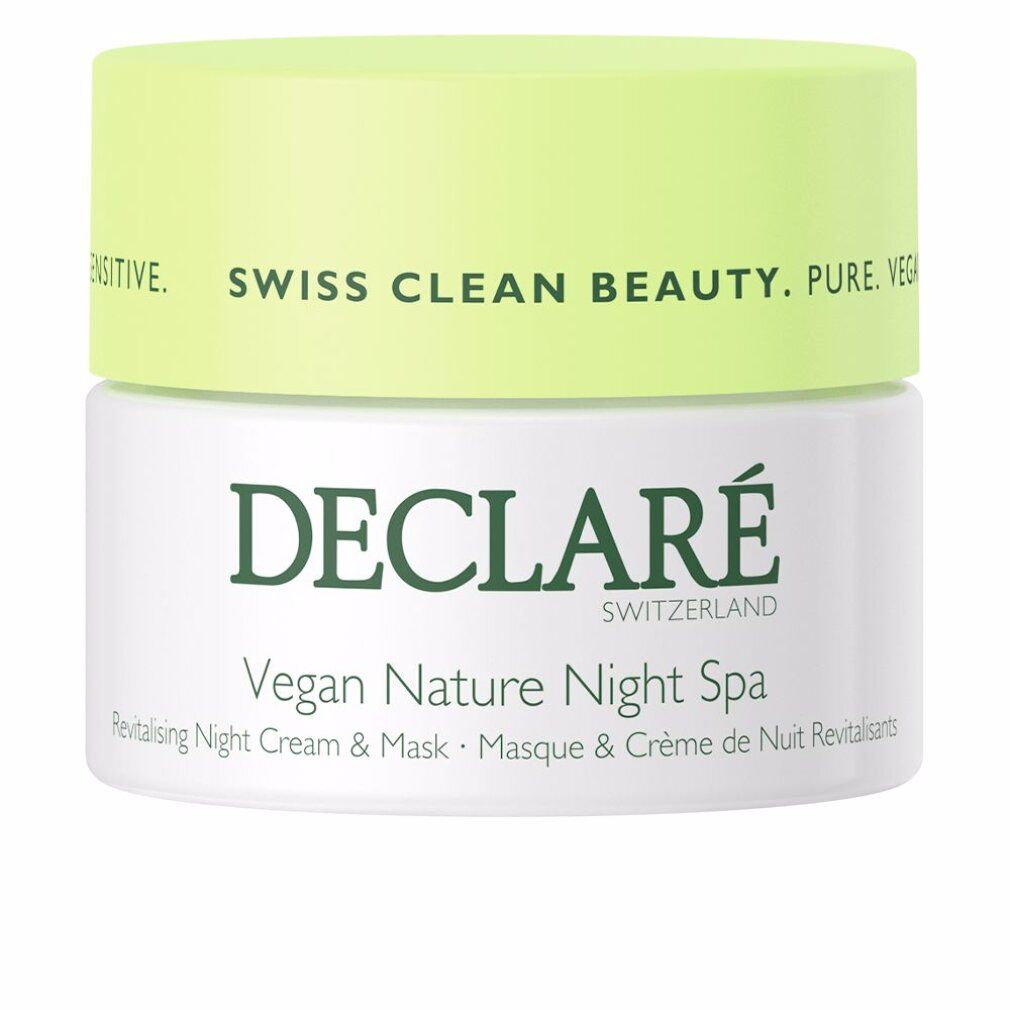 Vaso di crema con coperchio verde. Scritta: DECLARÉ Vegan Nature Night Spa. Crema notte e maschera rivitalizzante.
