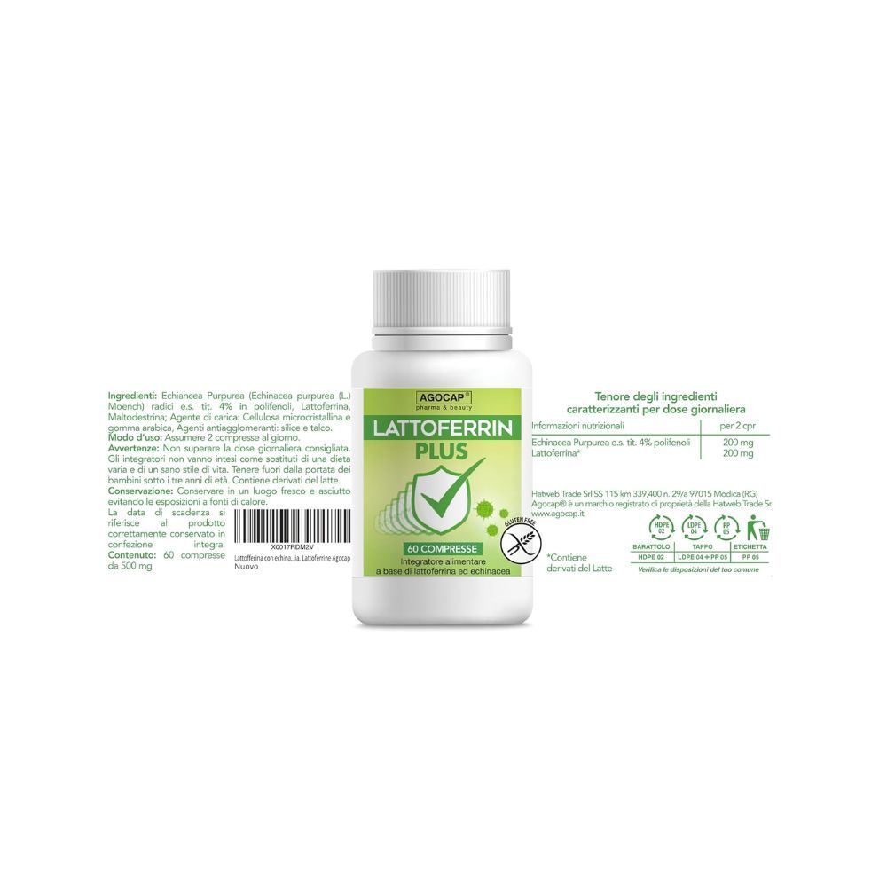 Flacone di compresse con scritta verde Lattoferrin Plus. 60 compresse. Sul retro ingredienti e valori nutrizionali.