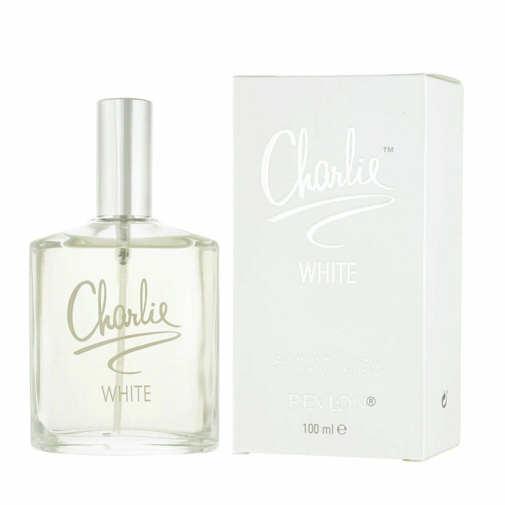 Flacone e scatola Charlie White Eau Fraiche. Scritta: Charlie White, Revlon. 100 ml. Liquido trasparente.