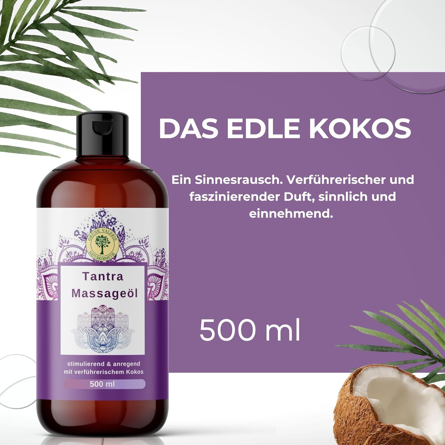 Bottiglia marrone di Tantra Massageöl. Scritta: Tantra Massageöl. Testo: Il nobile cocco. Cocco sullo sfondo. 500 ml.