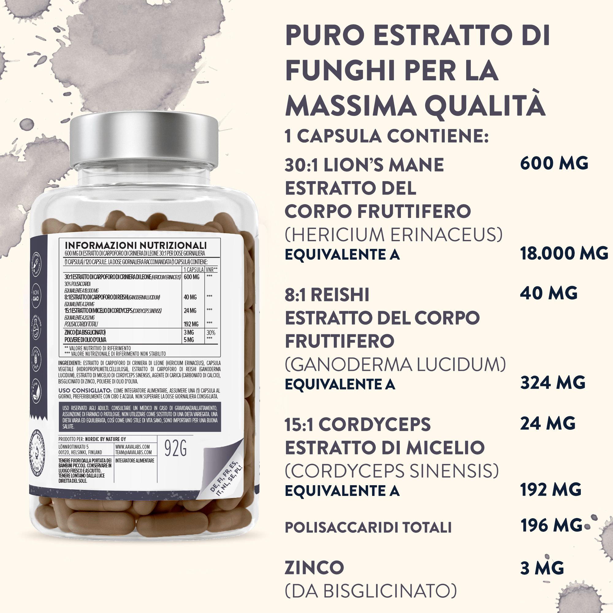 Bottiglia di vetro con capsule e informazioni nutrizionali. Contiene informazioni su ingredienti e dosaggio. Marchio: Aavalabs.