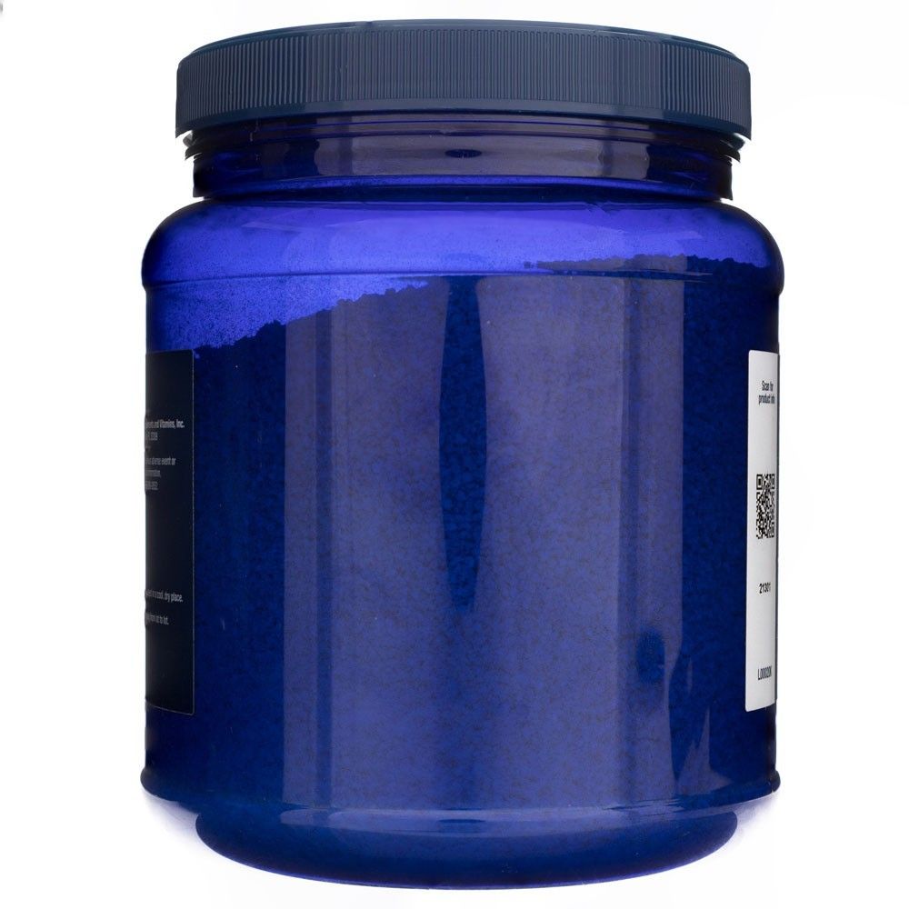Vista laterale del contenitore blu di Life Extension Lecithin Powder. Il contenuto è visibile come una polvere blu fine.
