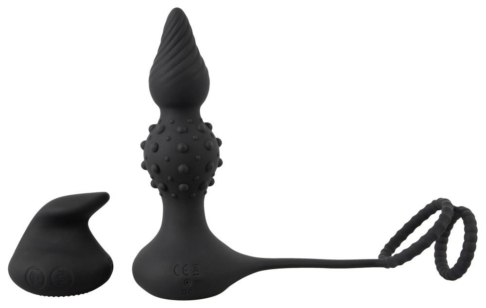 Vibratore anale nero con bottoni e accessorio anello per pene rimovibile.