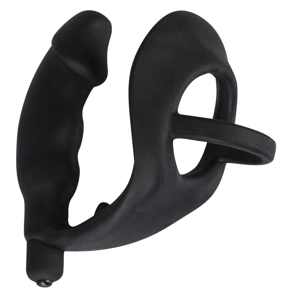 Anello per pene/scroto nero con plug anale. Parte ad anello, asta curva con forma di pene, plug anale all'estremità. Silicone.