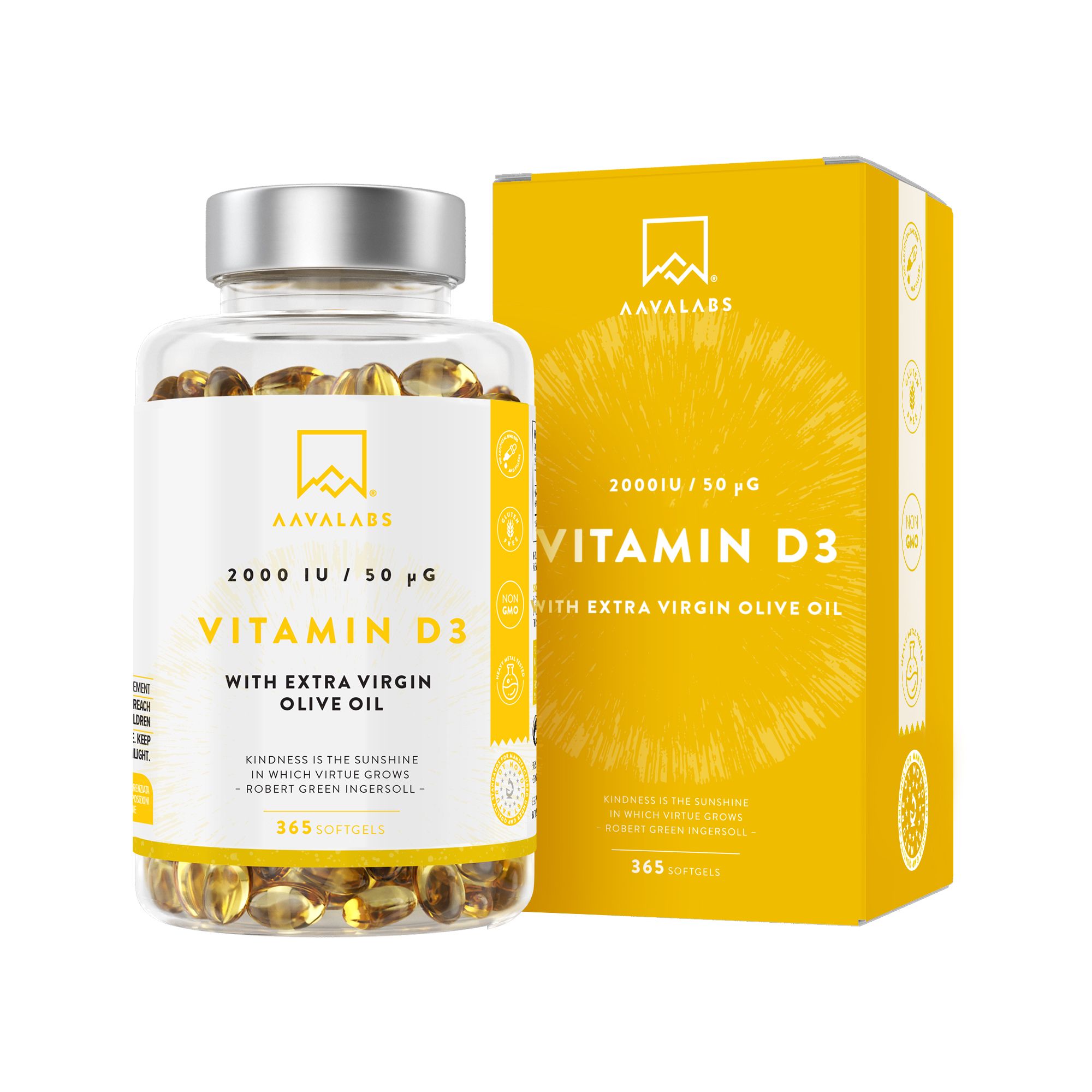 Aavalabs Vitamina D3 - 2000UI – Alta dose con olio d'oliva extravergine