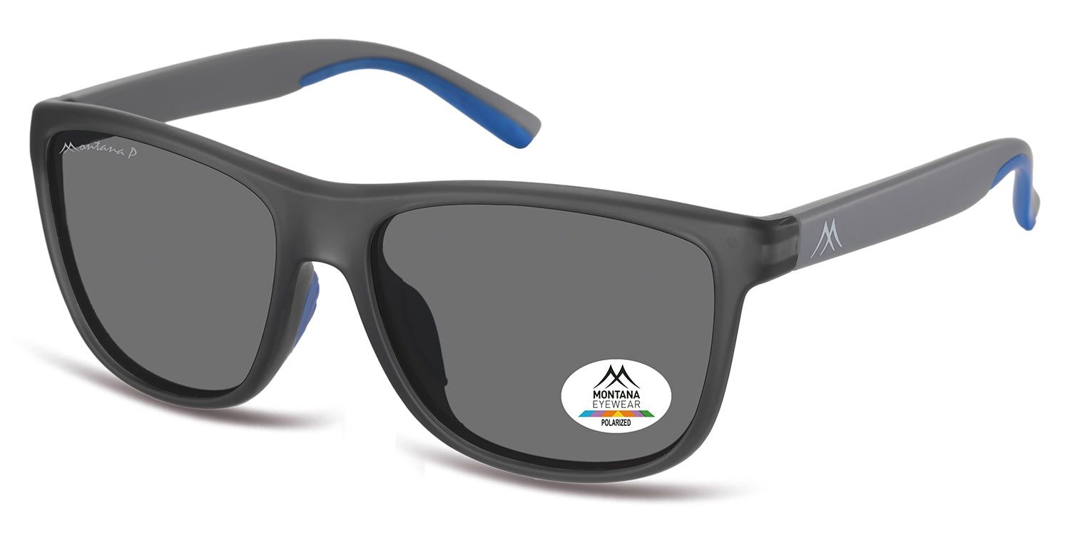 Occhiali da sole grigi con lenti rettangolari. Dettagli blu sulle aste. Logo Montana Eyewear sull'asta e lente. Polarizzati.