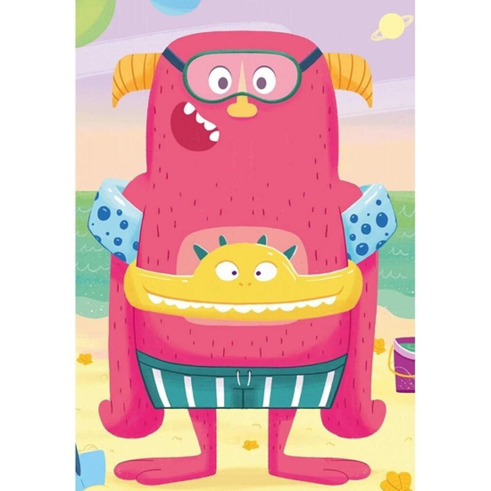 Illustrazione di un mostro sulla spiaggia. Il mostro indossa occhialini, braccioli e costume da bagno. Pancia gialla. Sfondo: spiaggia e cielo.
