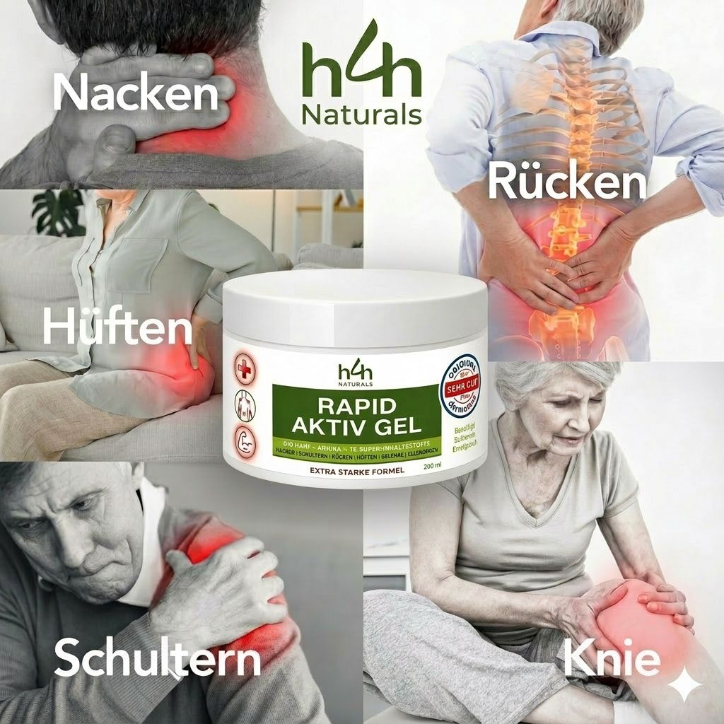 Collage di aree doloranti (collo, schiena, anca, spalla, ginocchio) con un vasetto di gel H4H Naturals al centro.
