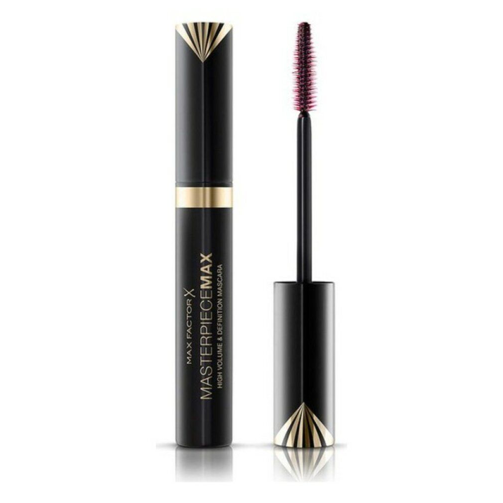 Tubo di mascara nero con dettagli dorati e spazzola. Scritta: MAX FACTOR MASTERPIECE MAX HIGH VOLUME & DEFINITION MASCARA.