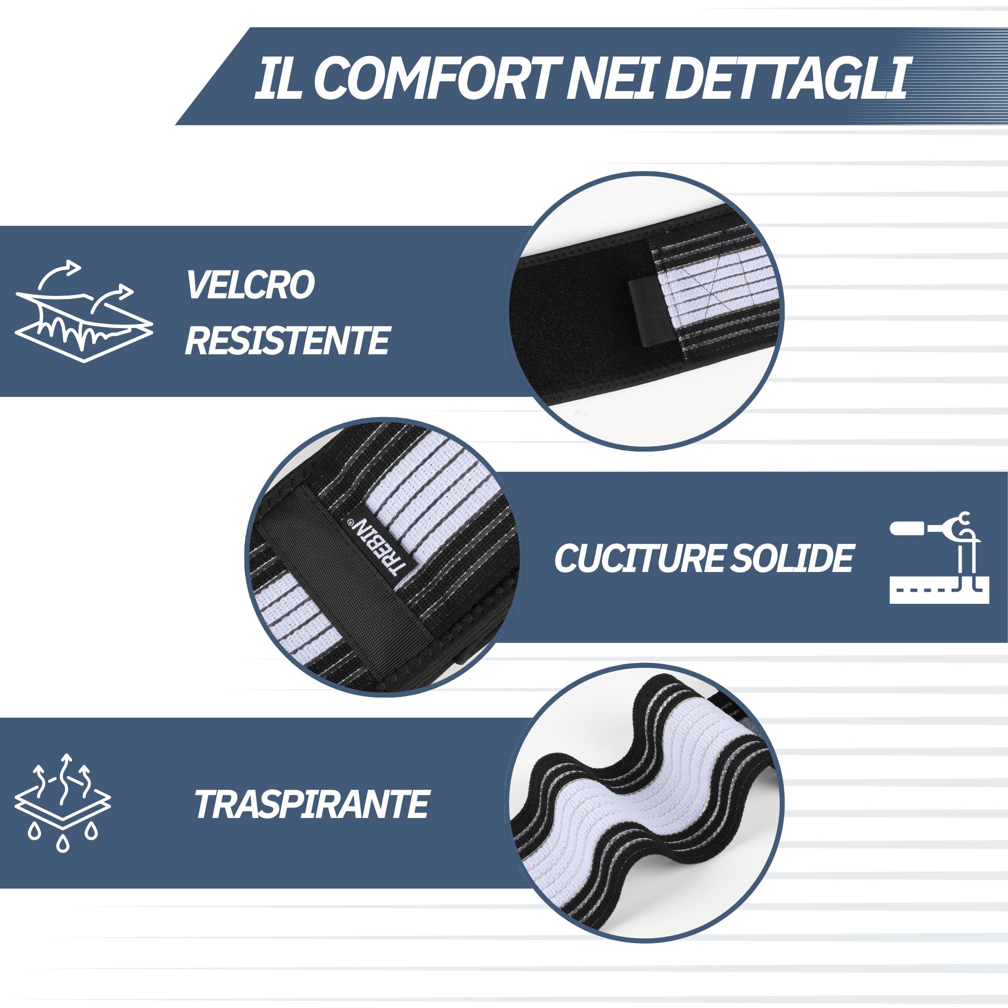 Dettagli di una cintura lombare: velcro resistente, cuciture solide e tessuto traspirante.