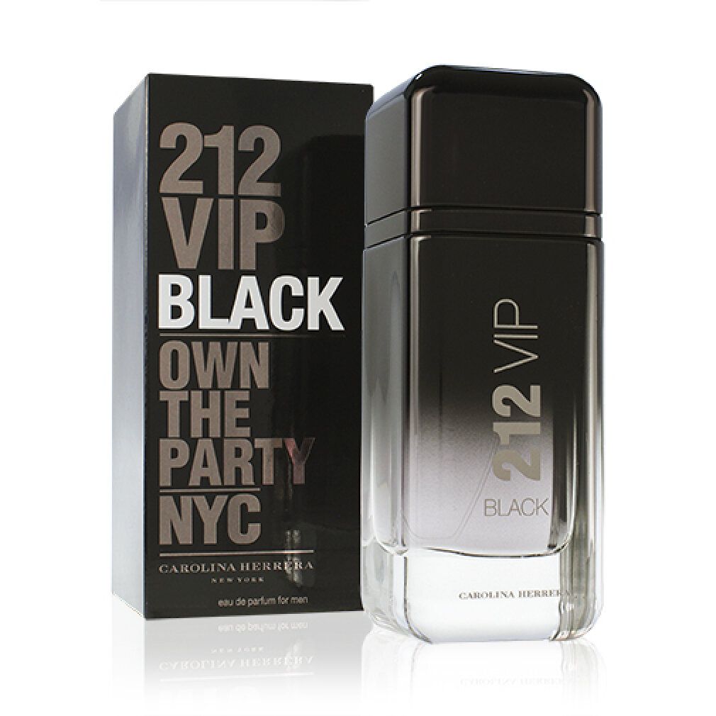 Scatola e flacone neri. Scatola con testo bianco: 212 VIP BLACK, CAROLINA HERRERA. Flacone con tappo nero.