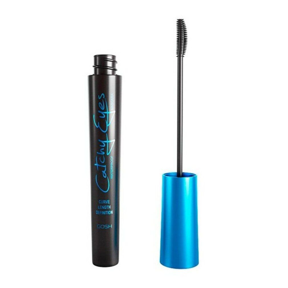 Tubo di mascara nero e spazzola. Scritta blu: Catchy Eyes, Waterproof. Tappo blu. Spazzola nera.