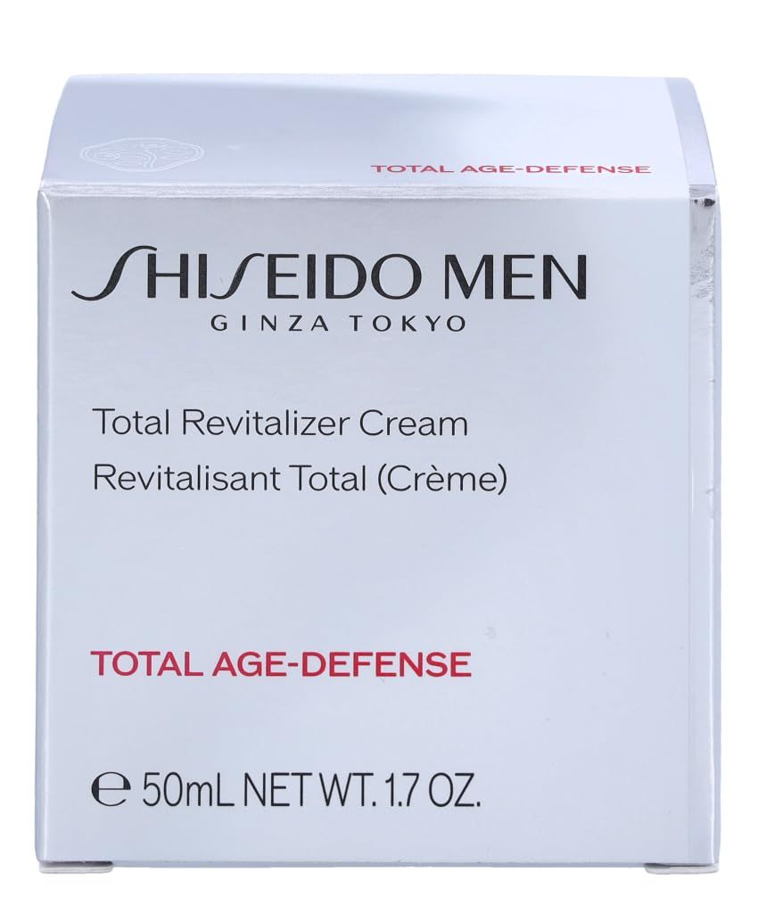 Confezione di Crema Total Revitalizer per Uomini Shiseido. Scatola bianca con nome e marchio. Testo rosso.