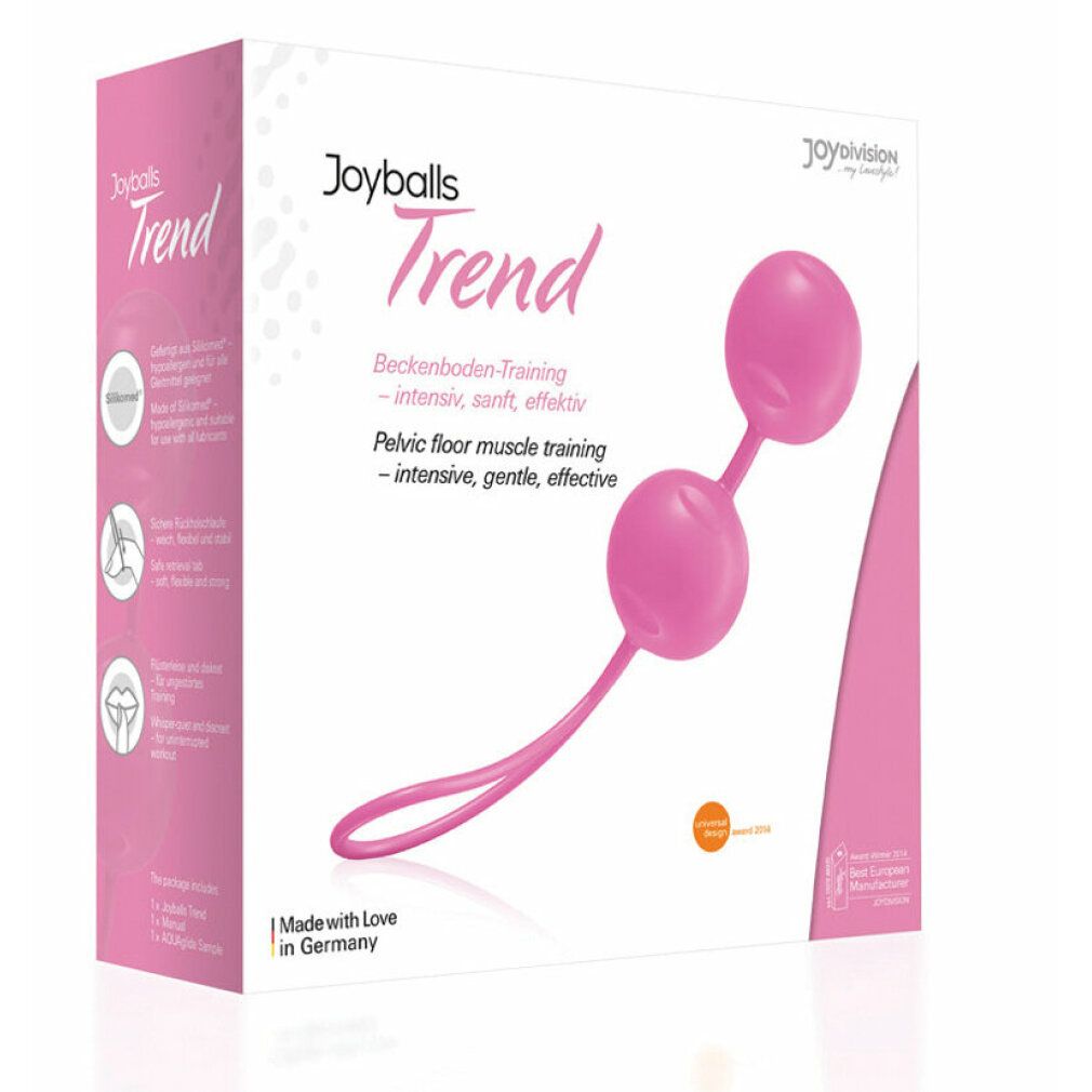 Joyballs® Trend rosa in confezione. Due sfere con connettore e anello. Scritta: Allenamento del pavimento pelvico.