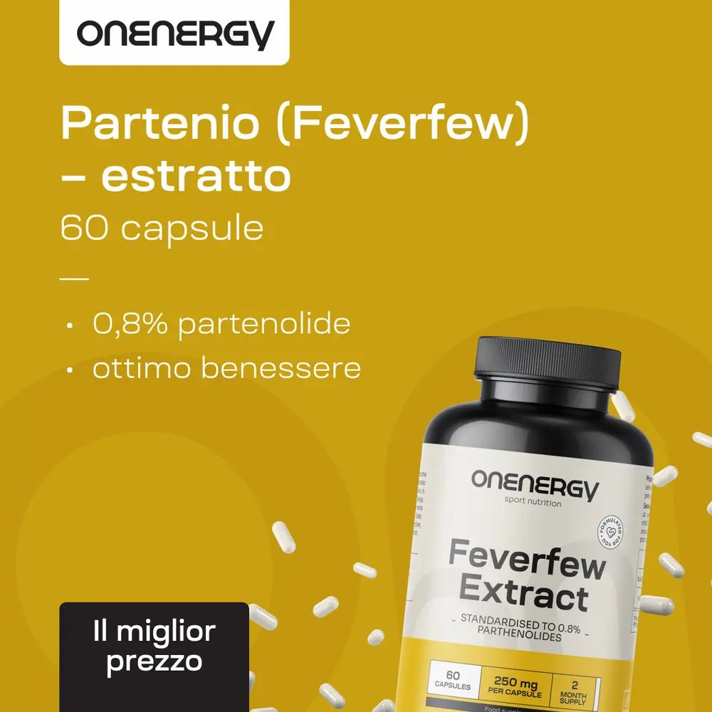 Tre flaconi di estratto di Partenio OnEnergy su sfondo giallo.
