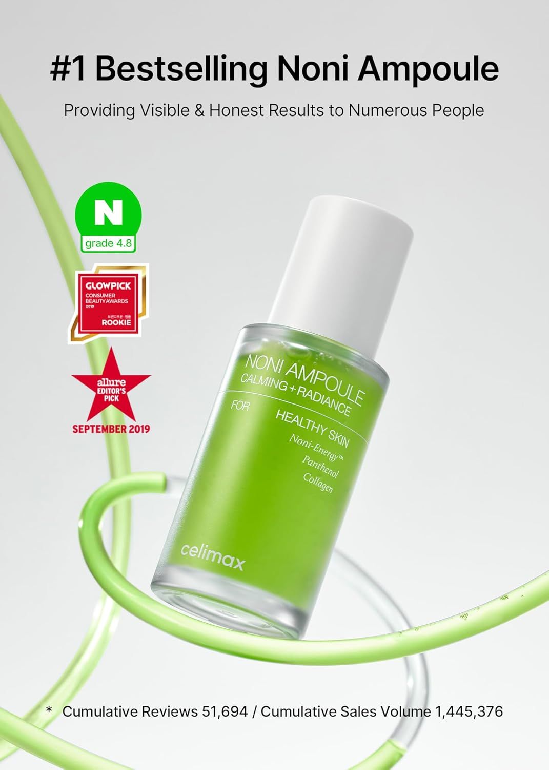 Flacone di vetro verde con tappo bianco. Testo: Noni Ampoule, Calming + Radiance, Healthy Skin. Logo: Celimax. Riconoscimenti.