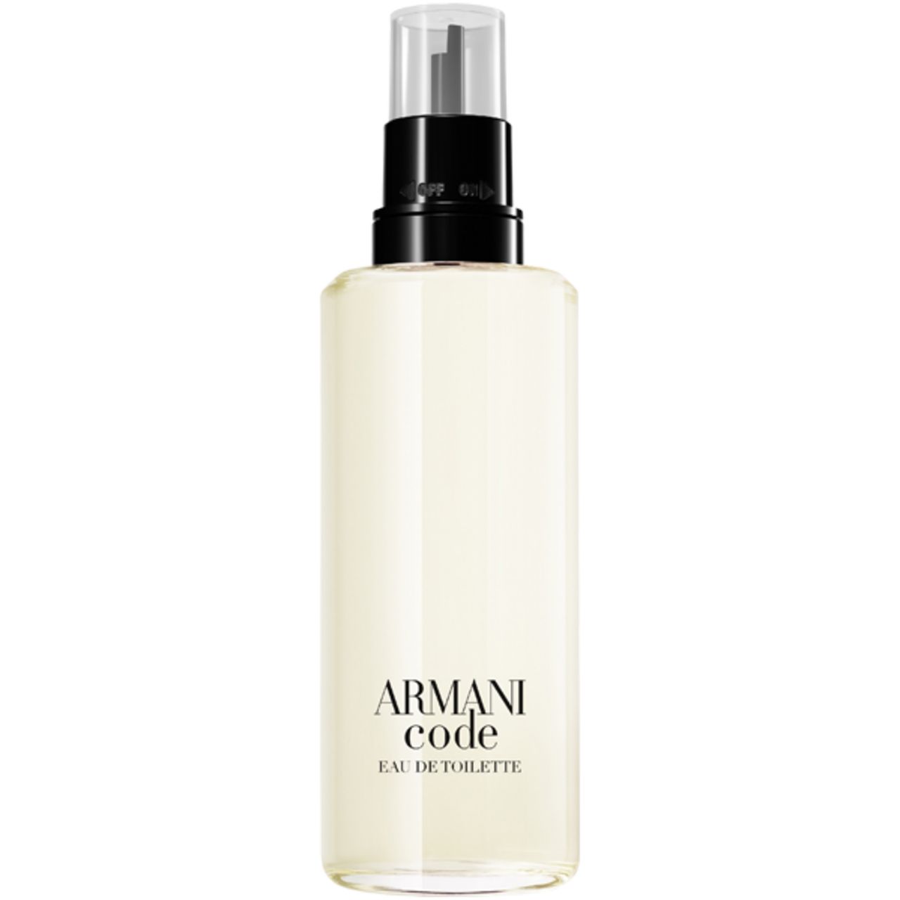 Flacone trasparente con tappo nero. Scritta: Armani Code.