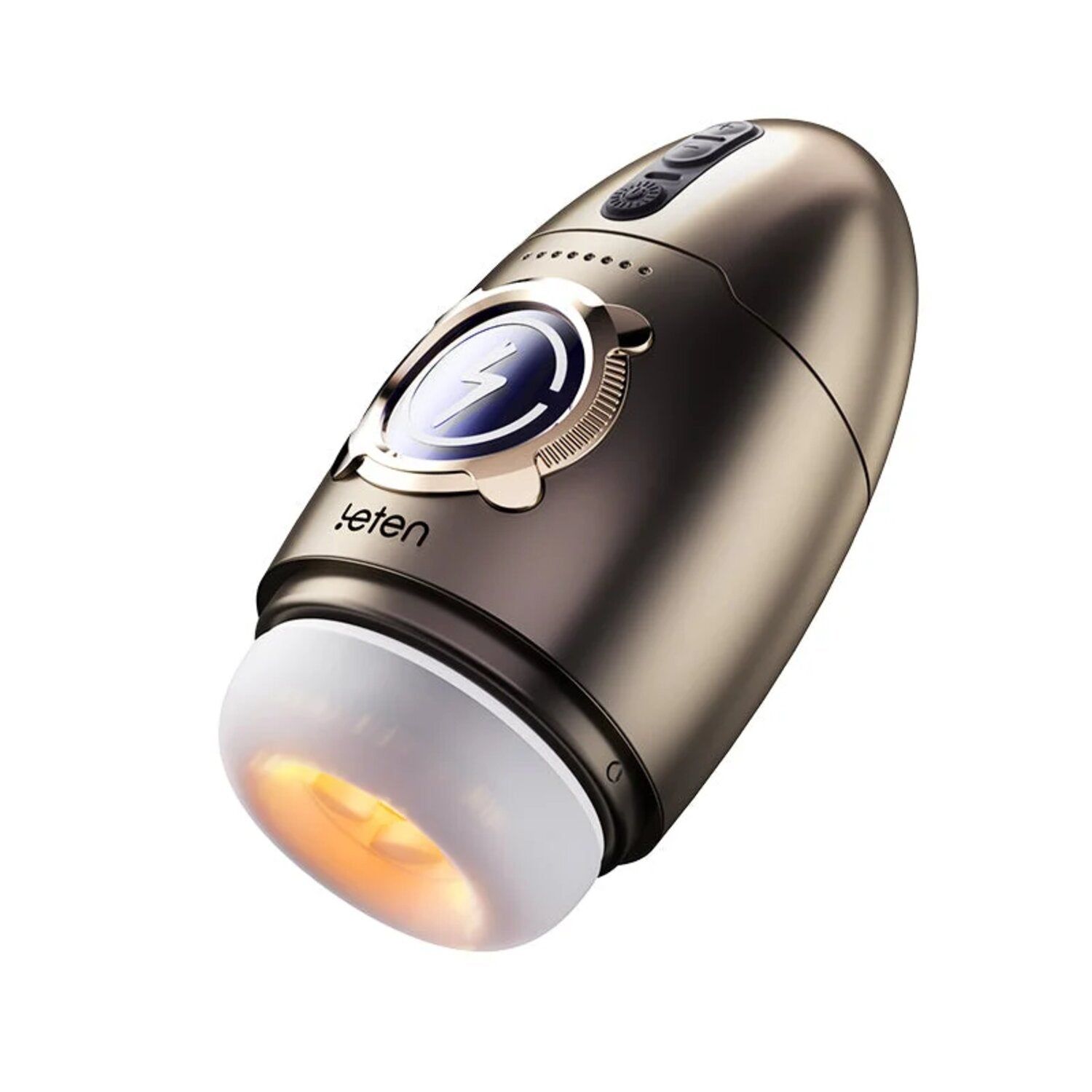 Dispositivo a forma di uovo con pannello comandi, display con simbolo fulmine e logo. Base aperta.