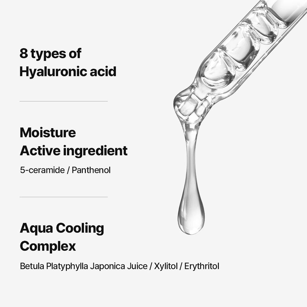 Gocce di liquido, testo: 8 tipi di acido ialuronico, Idratazione, 5-ceramide/Pantenolo, Aqua Cooling Complex.