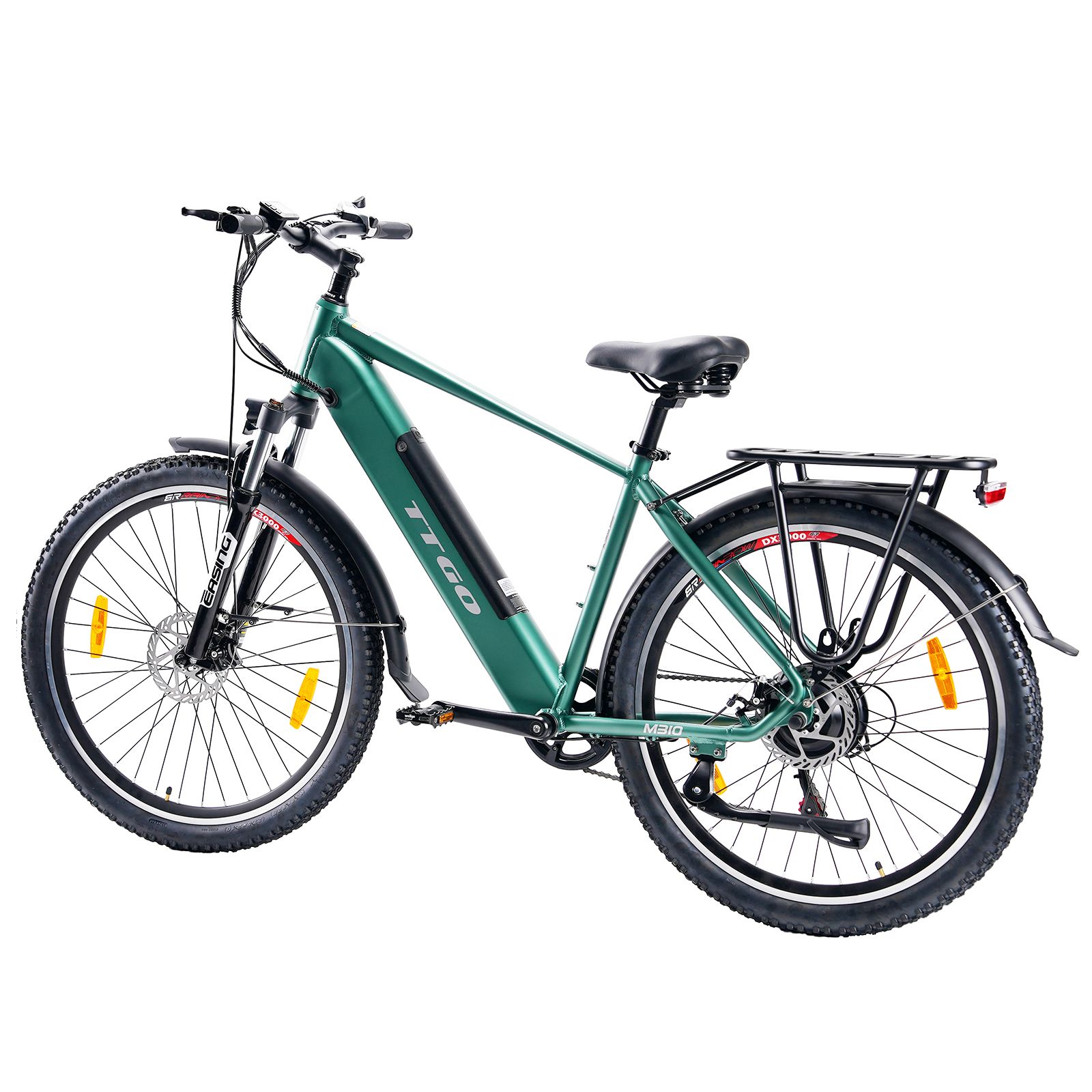E-bike TTGO verde, sella, pneumatici e portapacchi neri. Riflettori gialli.