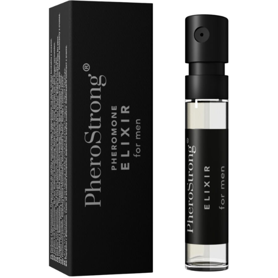 Flacone di profumo PheroStrong Elixir da uomo e confezione nera.