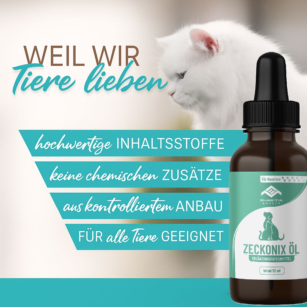 Flacone di vetro marrone con contagocce, accanto a un gatto bianco. Testo: ingredienti di alta qualità, senza additivi chimici.