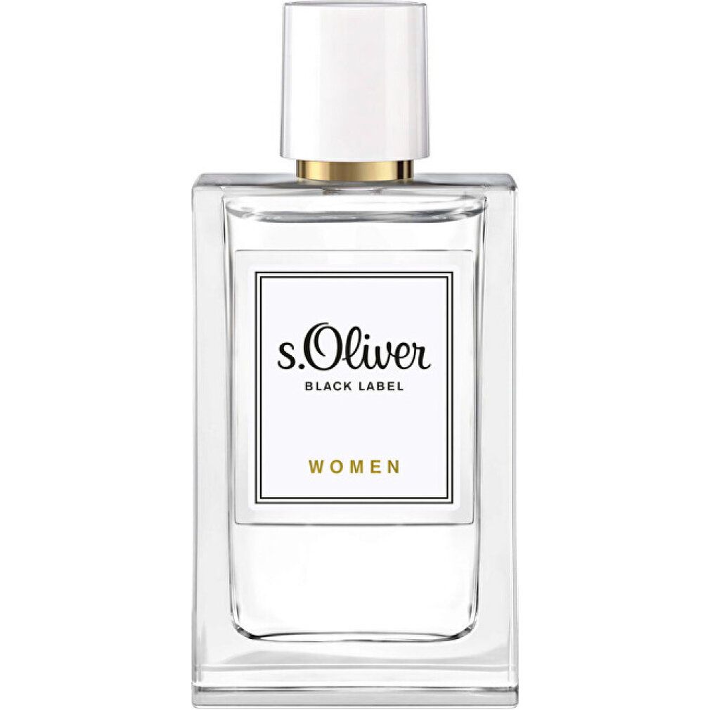 Flacone di s.Oliver Black Label Women. Etichetta bianca con logo e testo. Eau de Toilette.