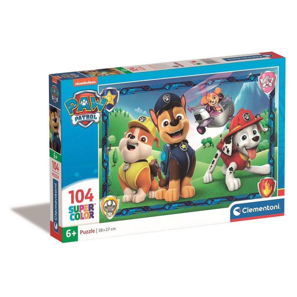 Scatola puzzle Clementoni. Tema Paw Patrol, 104 pezzi. La confezione mostra il puzzle completo con i personaggi.