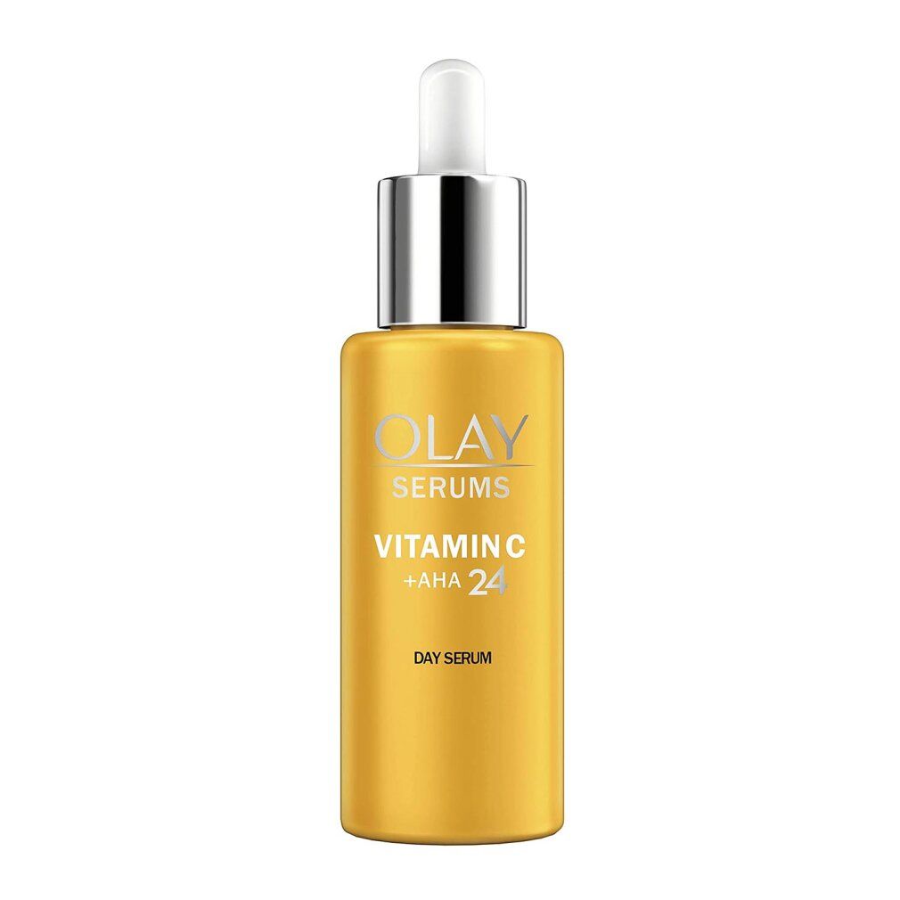 Flacone giallo con tappo argentato e pipetta. Scritta: Olay Serums Vitamin C + AHA 24 Day Serum.