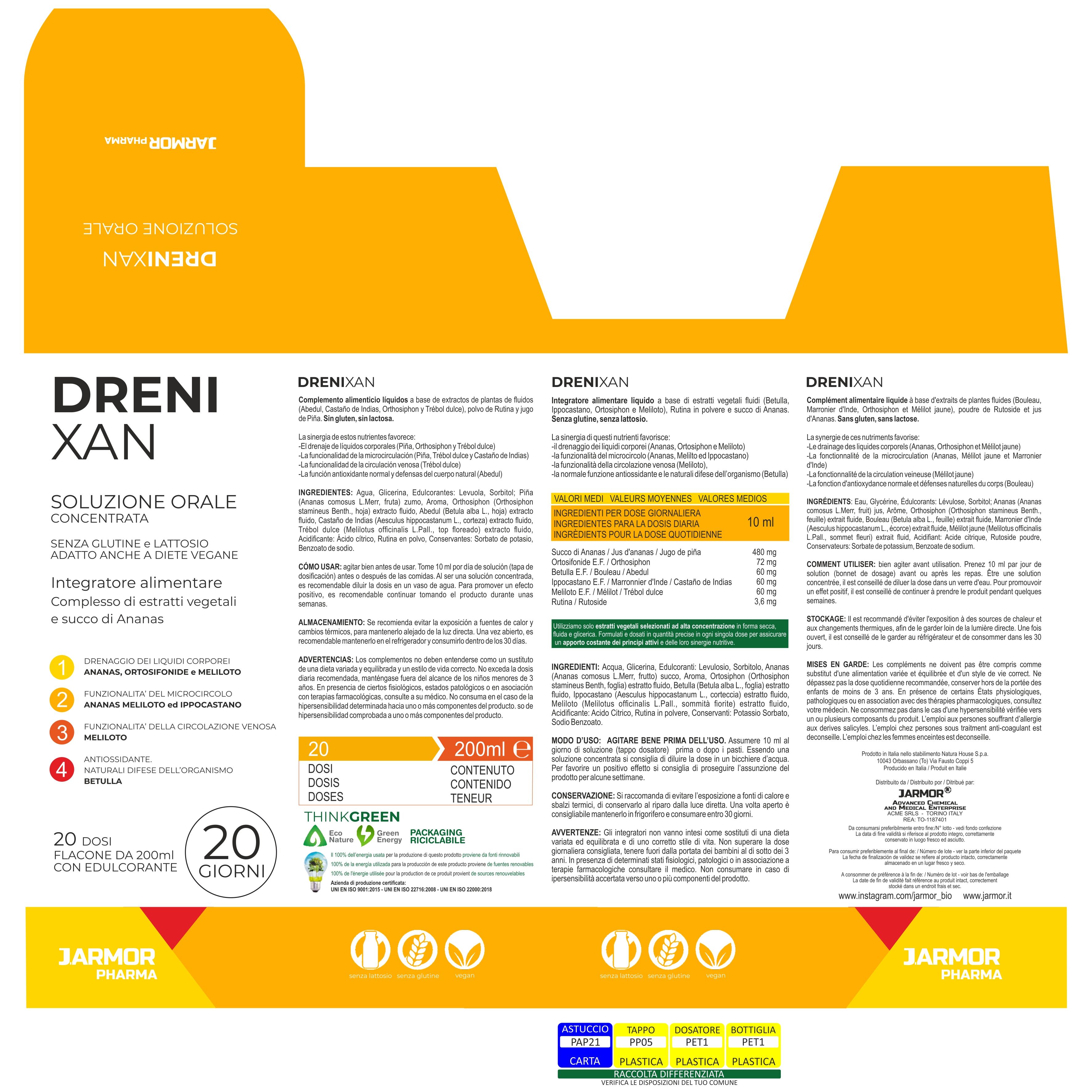 Confezione del prodotto con informazioni. Testo: Drenixan, soluzione, ingredienti, 20 giorni, 200ml. Logo: Jarmor Pharma.