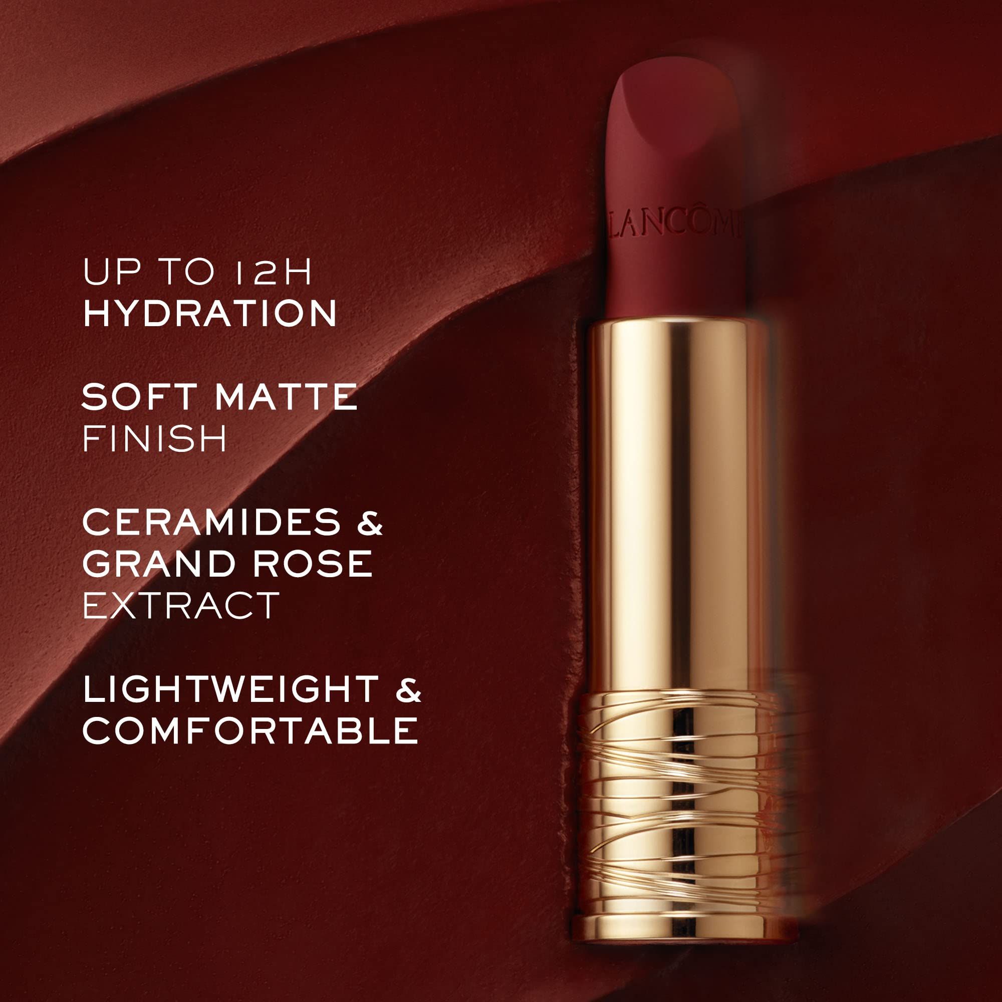 Rossetto con custodia dorata. Testo: Up to 12H Hydration, Soft Matte Finish, Ceramides & Grand Rose Extract, Lightweight & Comfortable.