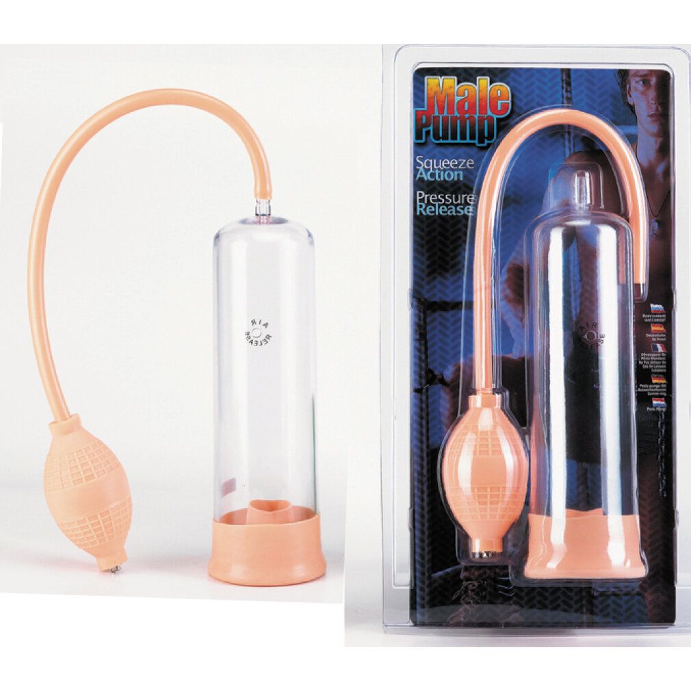 Un set di pompa per pene in confezione blister. Include cilindro trasparente, pompa a mano rosa e tubo.