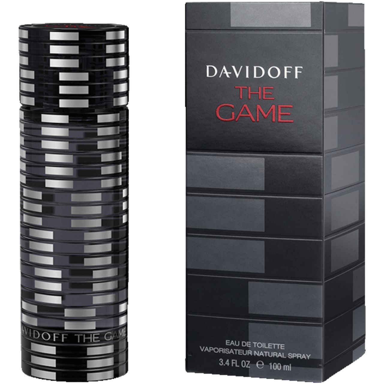 Flacone e confezione Davidoff The Game. Flacone nero con design a chip.