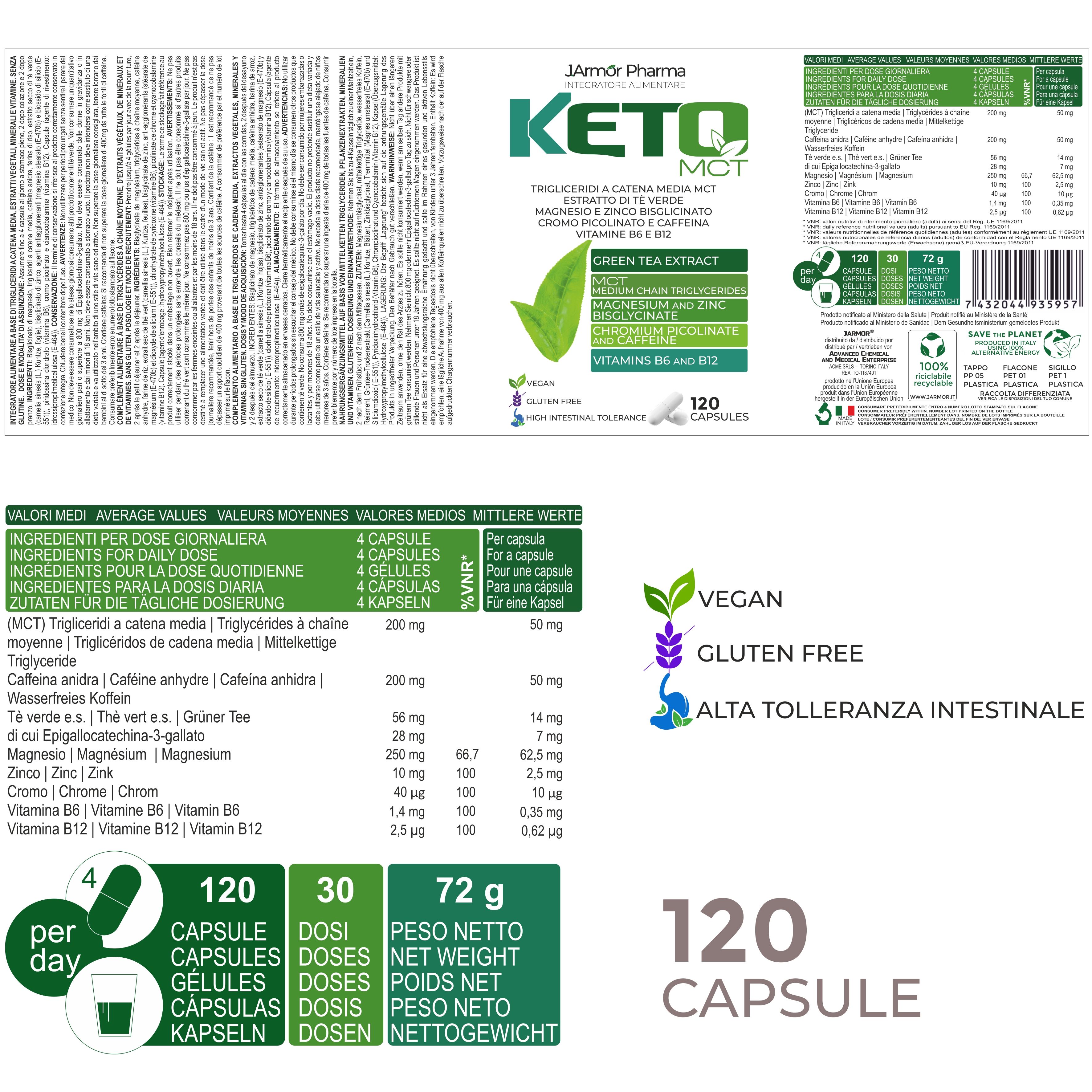 Etichetta del prodotto con ingredienti e informazioni nutrizionali. Testo: 120 capsule, Vegan, Senza glutine.