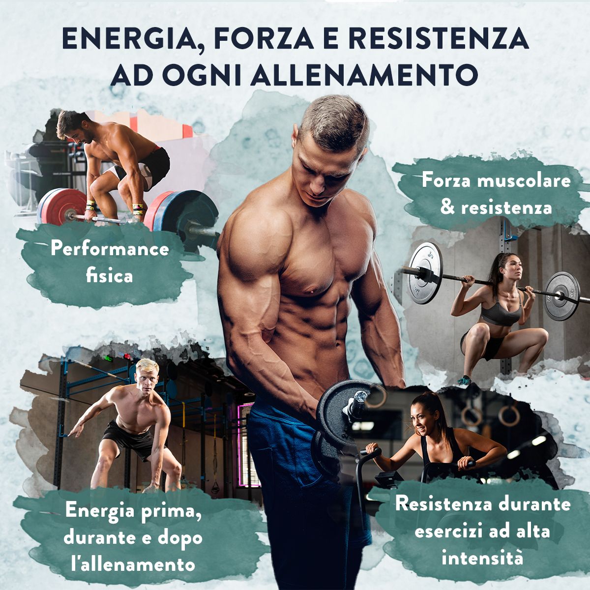 Uomo con pesi. Grafici mostrano: energia, forza, resistenza. Per l'allenamento.