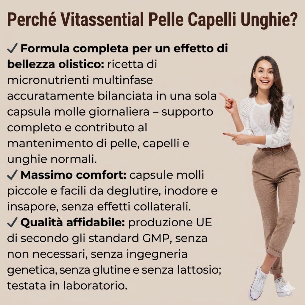 Una donna indica il testo. Testo: Formula completa per l'effetto bellezza, ricetta di micronutrienti, supporto per pelle, capelli e unghie.