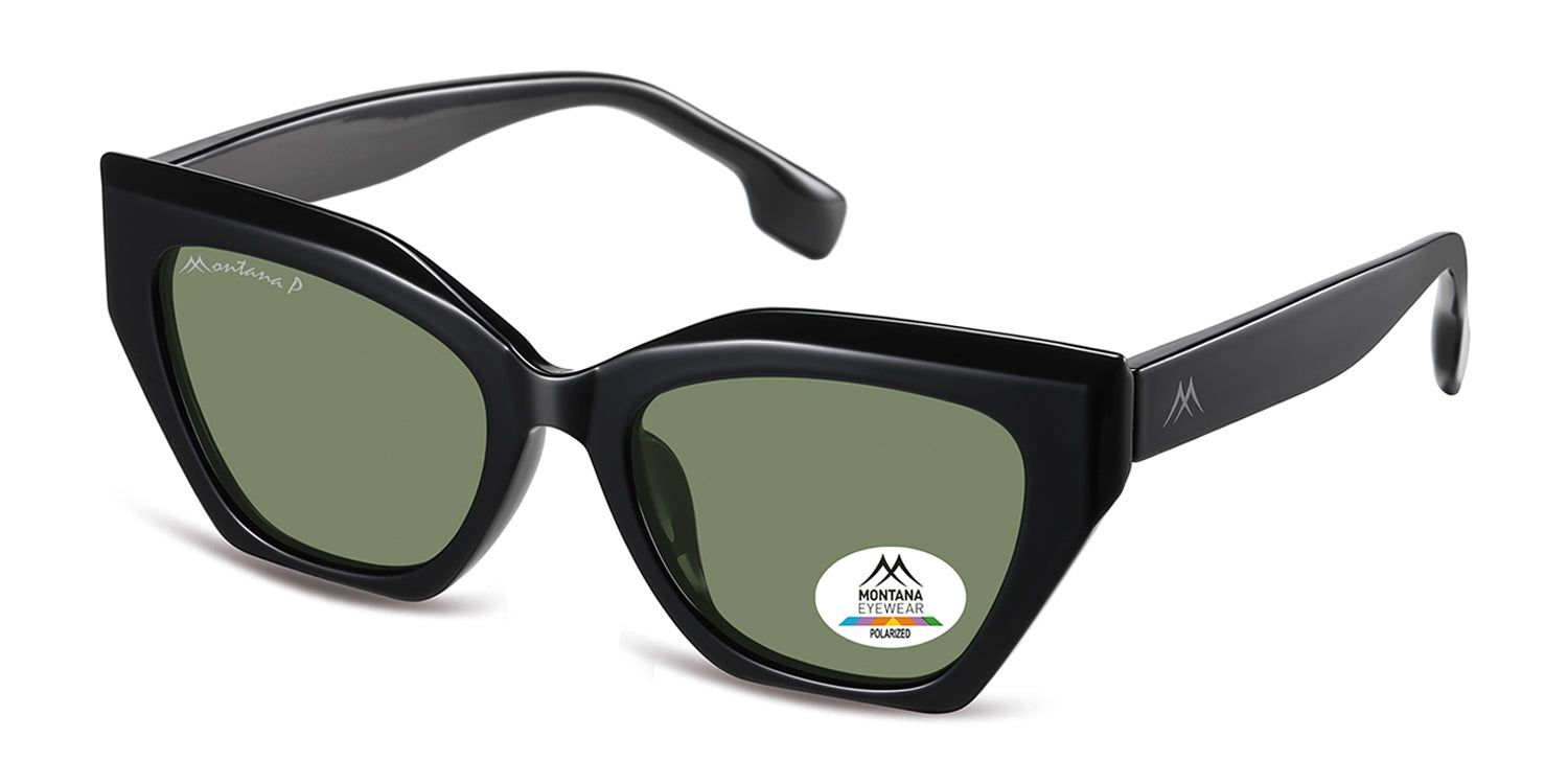 Occhiali da sole neri con lenti verdi, forma a occhi di gatto. Logo Montana Eyewear sulla stanghetta sinistra e sulla lente. Lenti polarizzate.