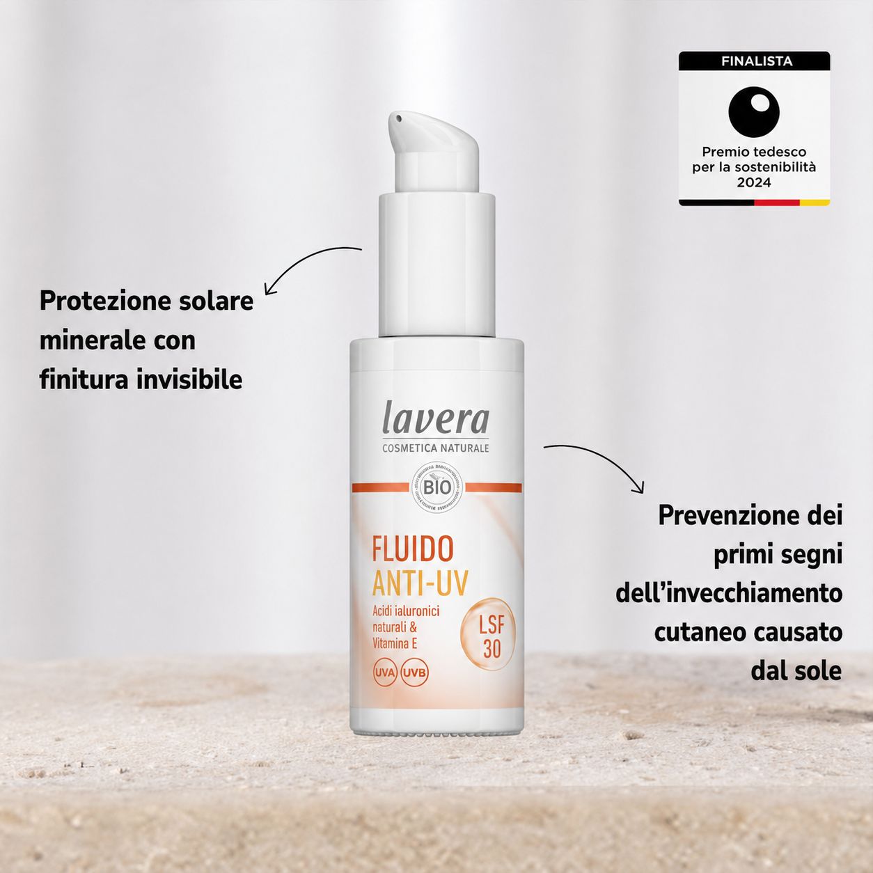 Lavera Anti-UV Fluid LSF 30. Flacone bianco con pompa. Testo: Protezione solare minerale, Anti-UV Fluid, LSF 30. Distinzione.