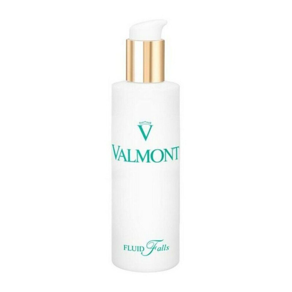 Flacone bianco Valmont Fluid Falls con pompa dorata. Logo e testo verdi.