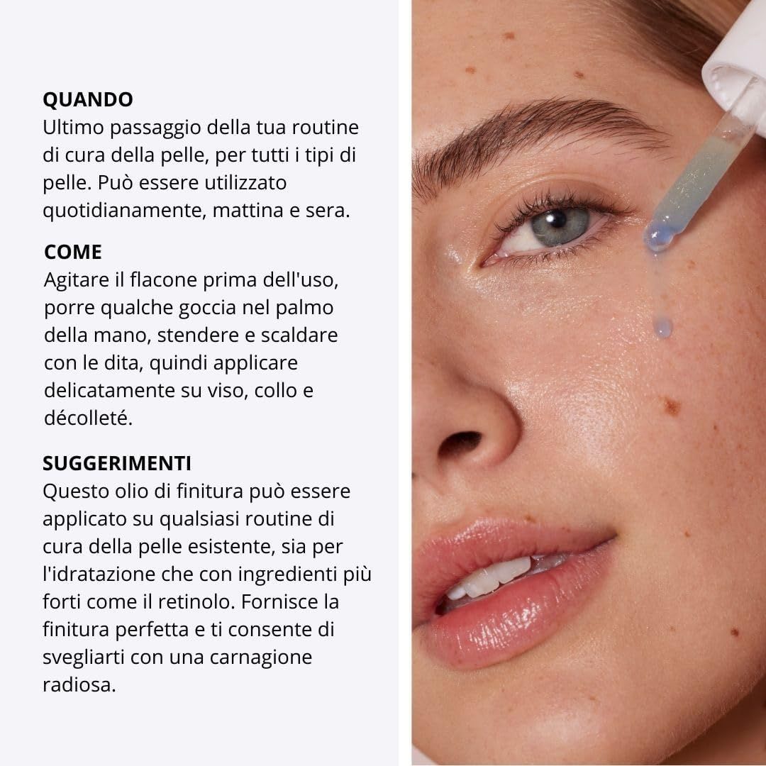 Donna con prodotto sul viso. Testo con istruzioni e consigli per l'uso.