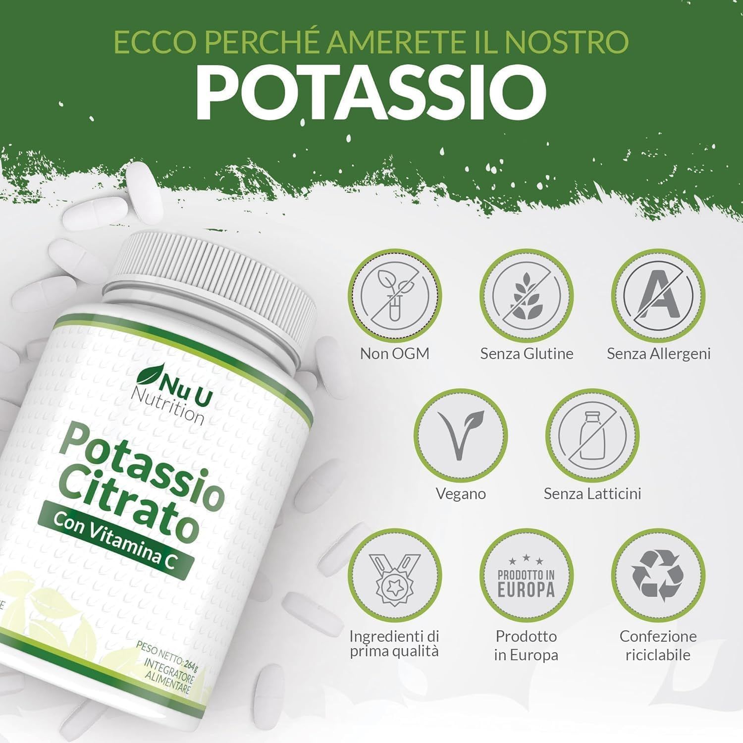 Flacone bianco di compresse di citrato di potassio e vitamina C Nu U Nutrition. 240 compresse. Diagramma con vantaggi.