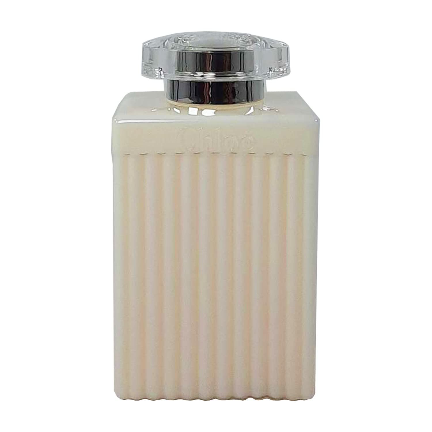 Flacone di lozione beige con superficie scanalata, tappo trasparente. Nessun altro dettaglio visibile.