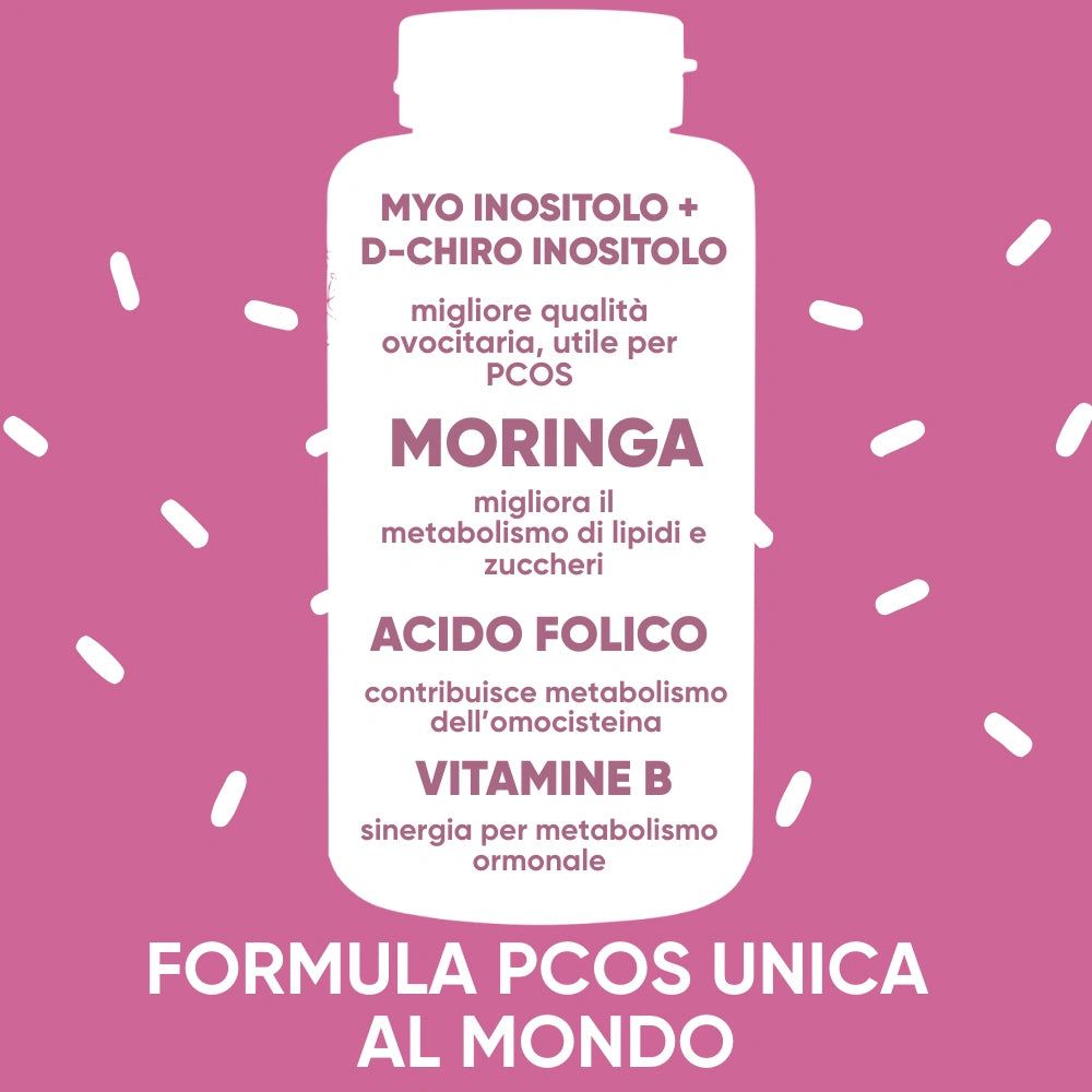 Flacone bianco con testo: Myo Inositolo + D-Chiro Inositolo, Moringa, Acido Folico, Vitamine B. Sfondo rosa.